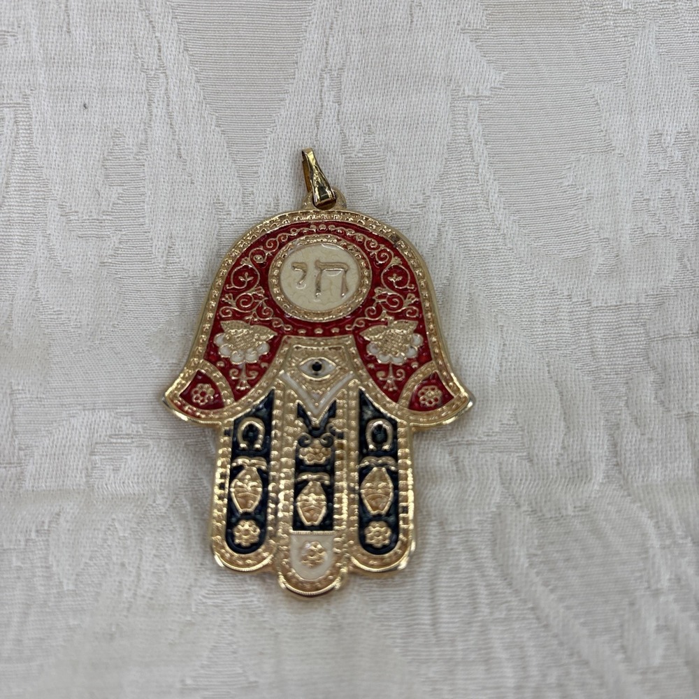 Red Hebrew Hamsa Hand Chai Red Blue Enamel